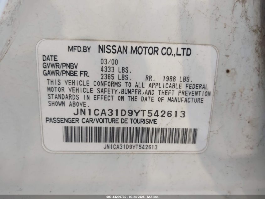 2000 Nissan Maxima Gle/Gxe/Se VIN: JN1CA31D9YT542613 Lot: 43299730
