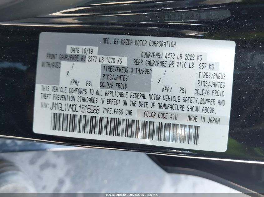 2020 Mazda Mazda6 Touring VIN: JM1GL1VM0L1515988 Lot: 43299732