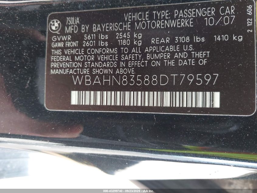2008 BMW 750Li VIN: WBAHN83588DT79597 Lot: 43299740
