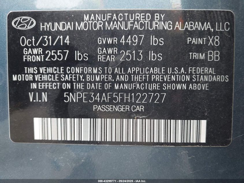 2015 Hyundai Sonata Limited VIN: 5NPE34AF5FH122727 Lot: 43299771