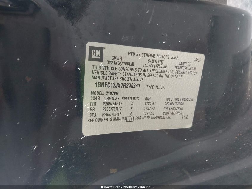 2007 Chevrolet Tahoe Lt VIN: 1GNFC13JX7R290241 Lot: 43299783