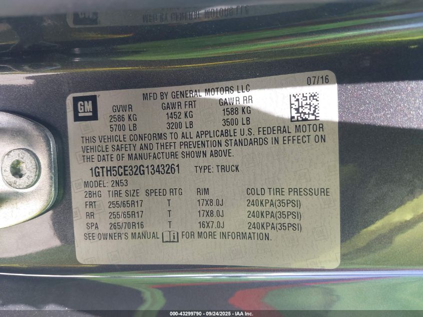 2016 GMC Canyon Sle VIN: 1GTH5CE32G1343261 Lot: 43299790