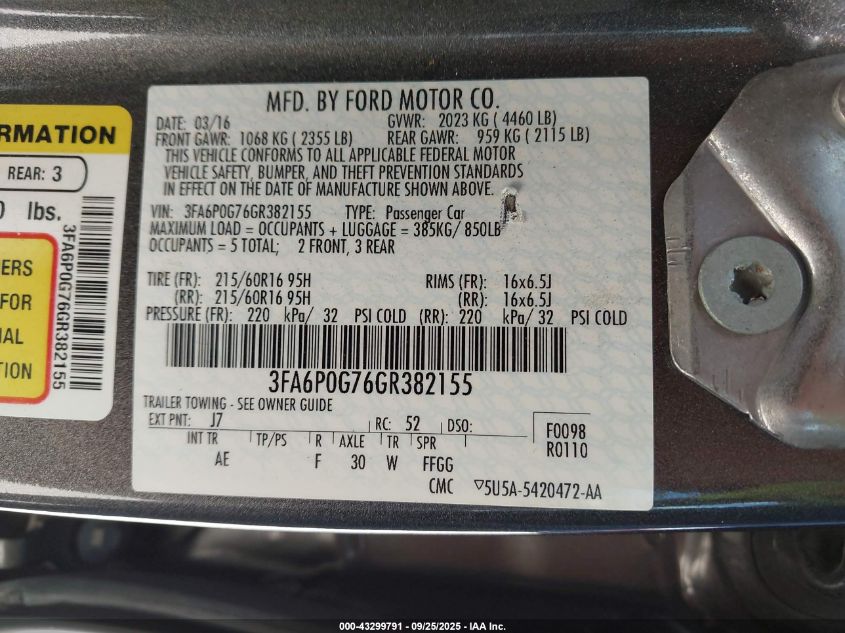 2016 Ford Fusion S VIN: 3FA6P0G76GR382155 Lot: 43299791