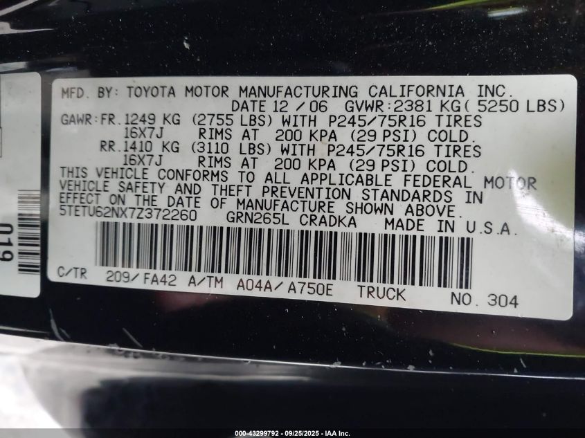 2007 Toyota Tacoma Prerunner V6 VIN: 5TETU62NX7Z372260 Lot: 43299792
