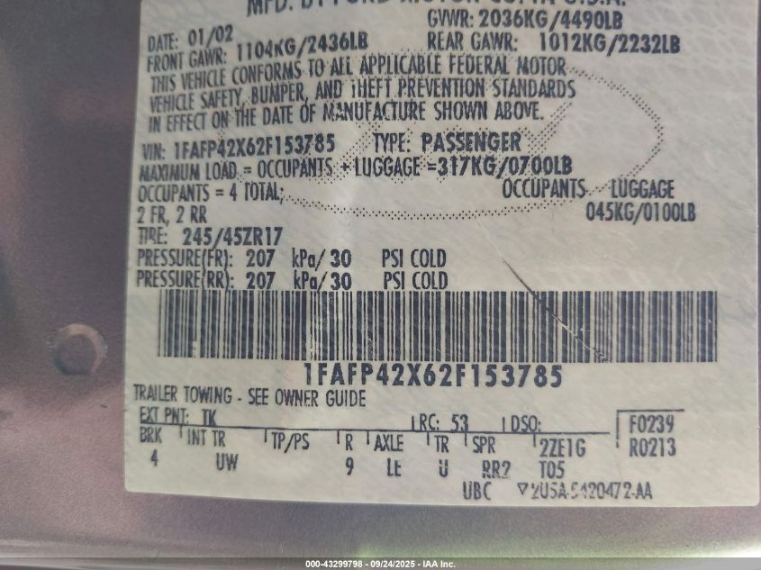 2002 Ford Mustang Gt VIN: 1FAFP42X62F153785 Lot: 43299798