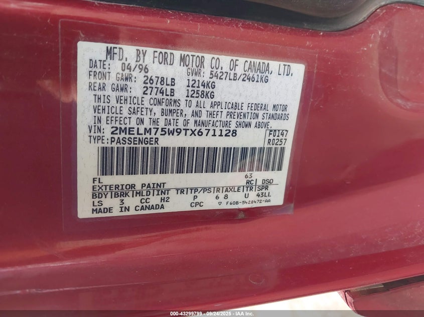 1996 Mercury Grand Marquis Ls/Bayshore VIN: 2MELM75W9TX671128 Lot: 43299799