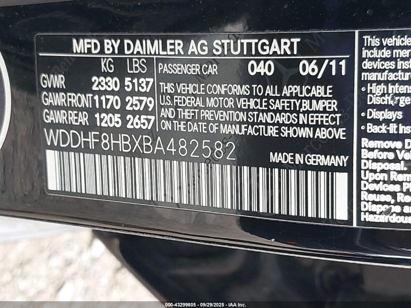 2011 Mercedes-Benz E 350 4Matic VIN: WDDHF8HBXBA482582 Lot: 43299805