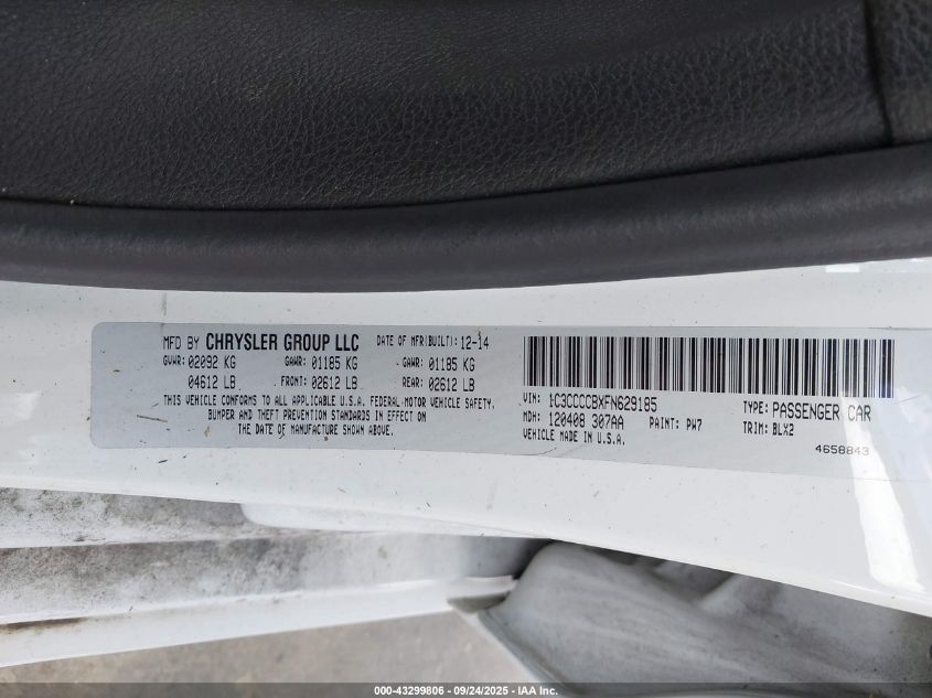 2015 Chrysler 200 C VIN: 1C3CCCCBXFN629185 Lot: 43299806