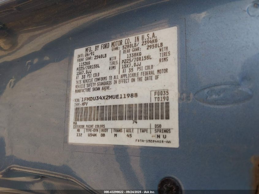 1991 Ford Explorer VIN: 1FMDU34X2MUE11988 Lot: 43299822