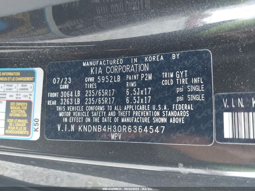 2024 Kia Carnival Mpv Lx Seat Package VIN: KNDNB4H30R6364547 Lot: 43299833