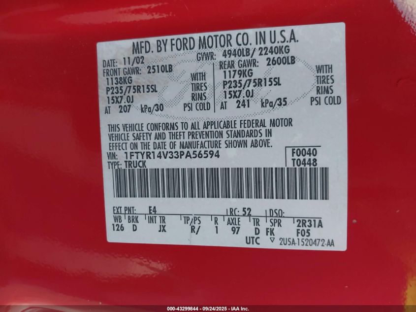 2003 Ford Ranger Edge/Tremor/Xl/Xlt VIN: 1FTYR14V33PA56594 Lot: 43299844