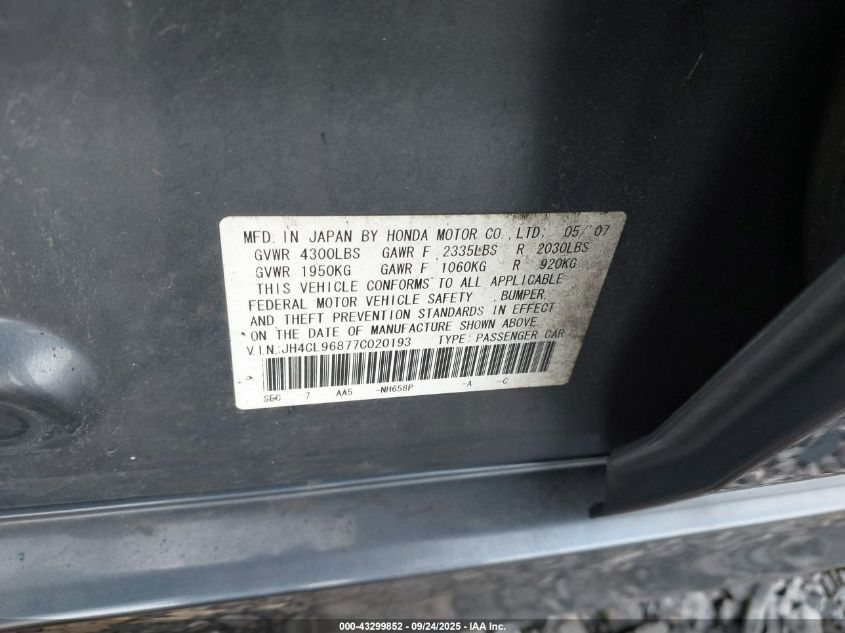 2007 Acura Tsx VIN: JH4CL96877C020193 Lot: 43299852