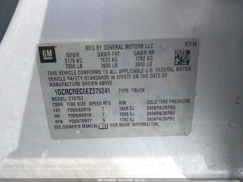 2014 Chevrolet Silverado 1500 1Lt VIN: 1GCRCREC6EZ379241 Lot: 43299886