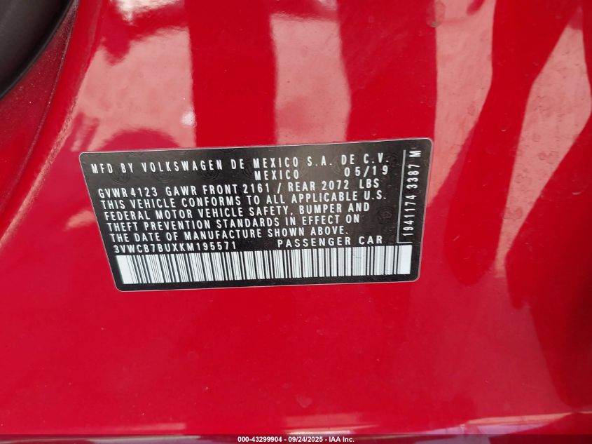 2019 Volkswagen Jetta 1.4T R-Line/1.4T S/1.4T Se VIN: 3VWCB7BUXKM195571 Lot: 43299904