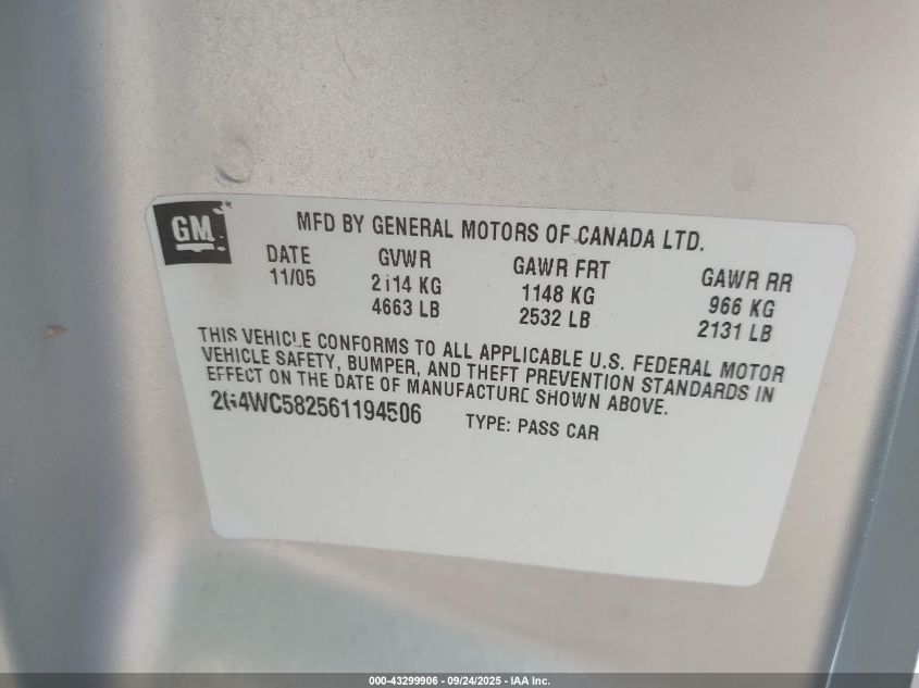 2006 Buick Lacrosse Cx VIN: 2G4WC582561194506 Lot: 43299906