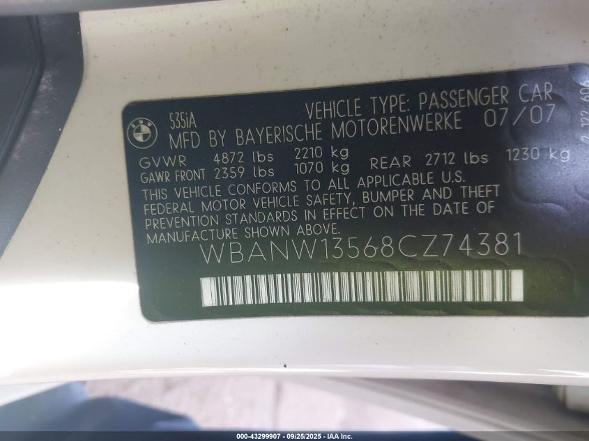 2008 BMW 535I VIN: WBANW13568CZ74381 Lot: 43299907