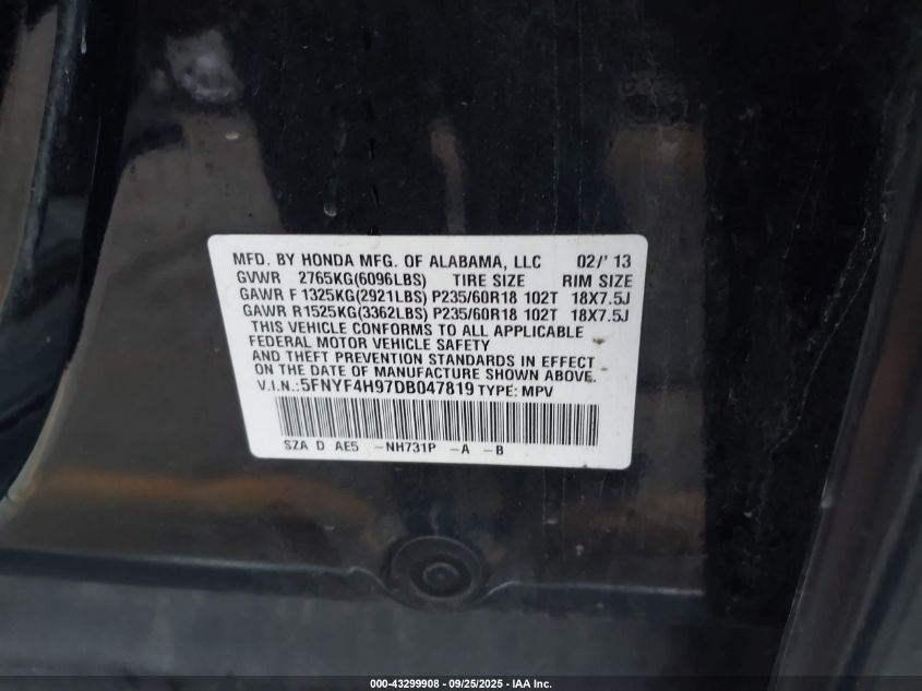 2013 Honda Pilot Touring VIN: 5FNYF4H97DB047819 Lot: 43299908