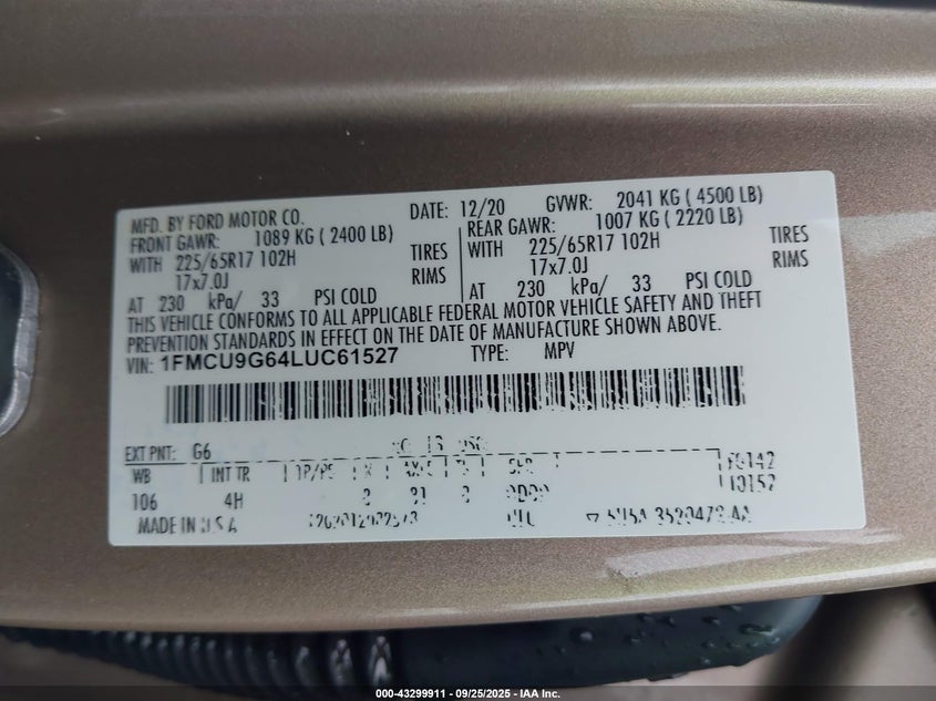 2020 FORD ESCAPE SE - 1FMCU9G64LUC61527