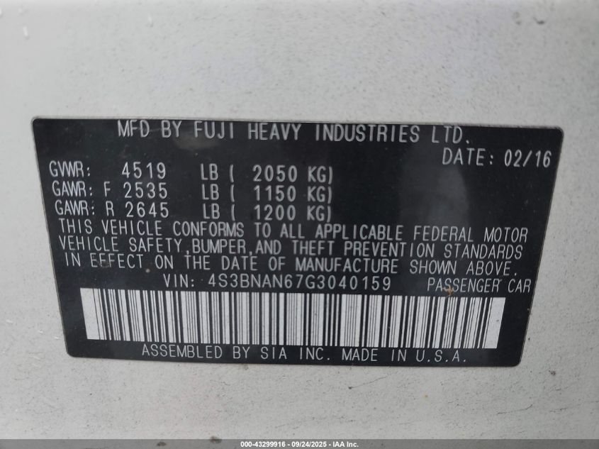 2016 Subaru Legacy 2.5I Limited VIN: 4S3BNAN67G3040159 Lot: 43299916