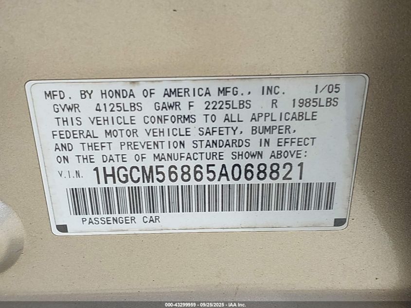 2005 Honda Accord 2.4 Ex VIN: 1HGCM56865A068821 Lot: 43299959