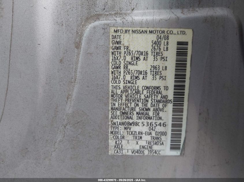 2008 Nissan Xterra S VIN: 5N1AN08W98C536546 Lot: 43299970