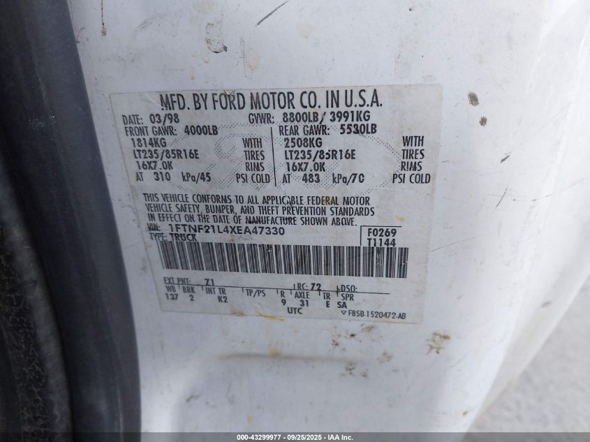 1999 Ford F-250 Lariat/Xl/Xlt VIN: 1FTNF21L4XEA47330 Lot: 43299977