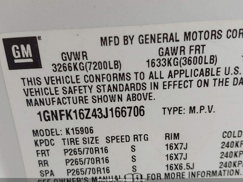 2003 Chevrolet Suburban 1500 Lt VIN: 1GNFK16Z43J166706 Lot: 43299976