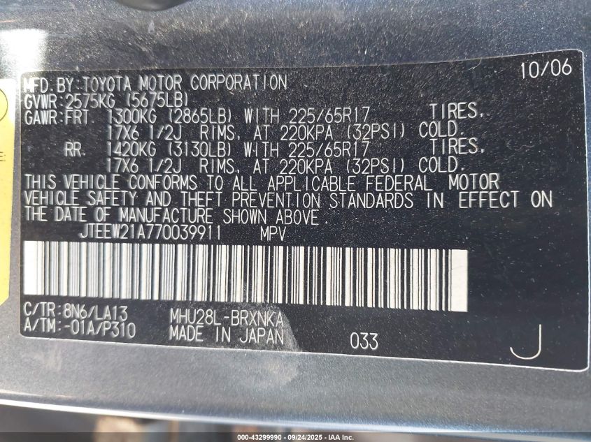 2007 Toyota Highlander Hybrid Limited V6 VIN: JTEEW21A770039911 Lot: 43299990