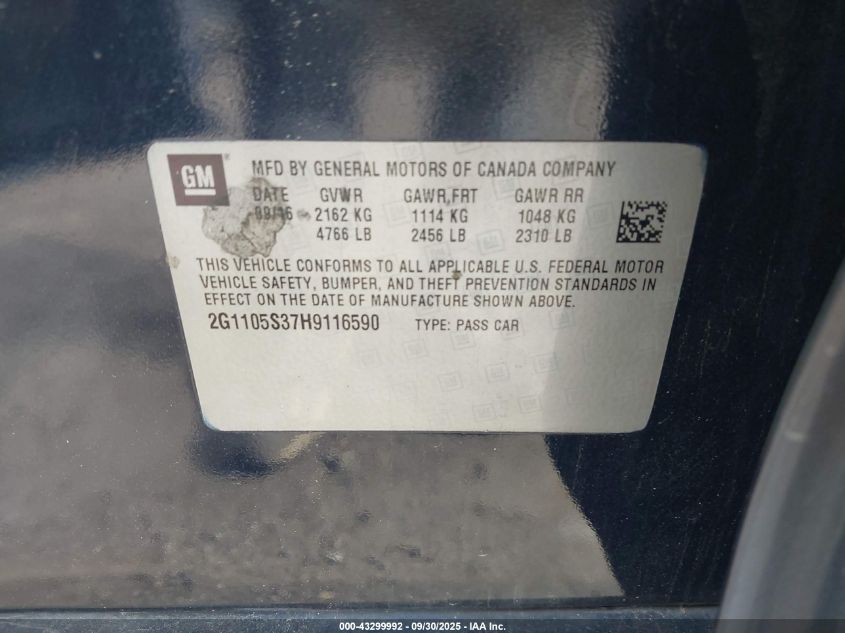 2017 Chevrolet Impala 1Lt VIN: 2G1105S37H9116590 Lot: 43299992