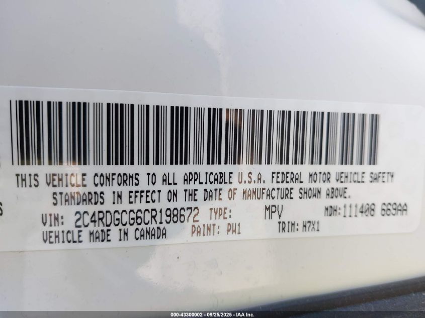 2012 Dodge Grand Caravan Sxt VIN: 2C4RDGCG6CR198672 Lot: 43300002