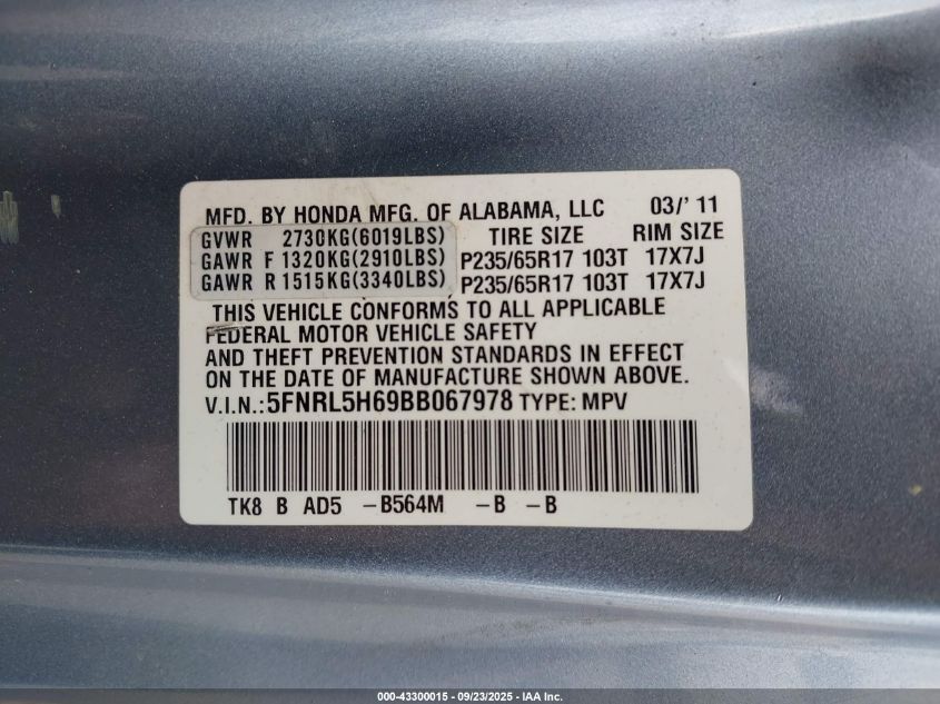 2011 Honda Odyssey Ex-L VIN: 5FNRL5H69BB067978 Lot: 43300015