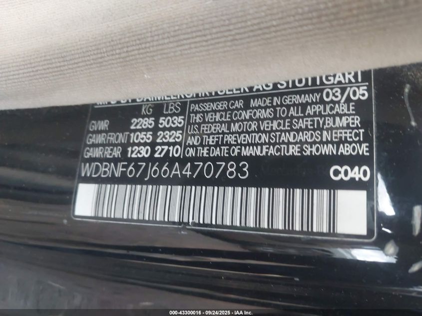 2006 Mercedes-Benz S 350 VIN: WDBNF67J668470783 Lot: 43300016
