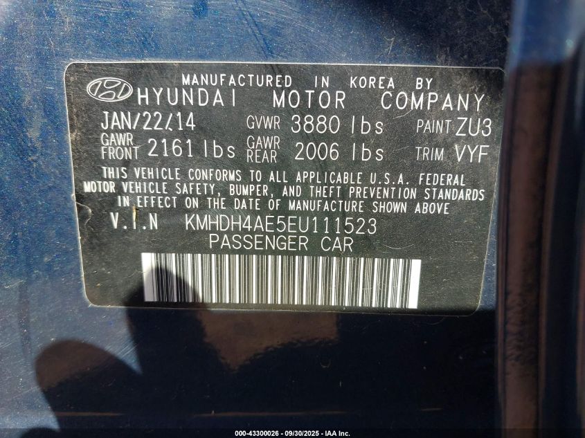 2014 Hyundai Elantra Se VIN: KMHDH4AE5EU111523 Lot: 43300026