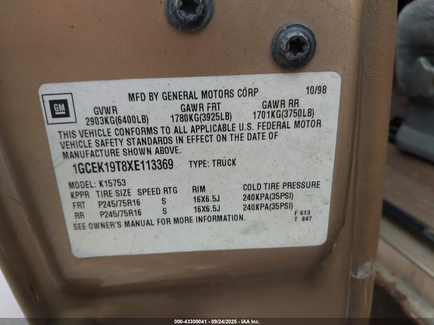1999 Chevrolet Silverado 1500 Ls VIN: 1GCEK19T8XE113369 Lot: 43300041