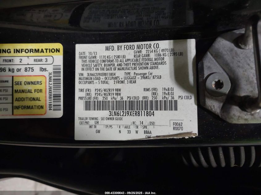 2014 Lincoln Mkz VIN: 3LN6L2J9XER811804 Lot: 43300043