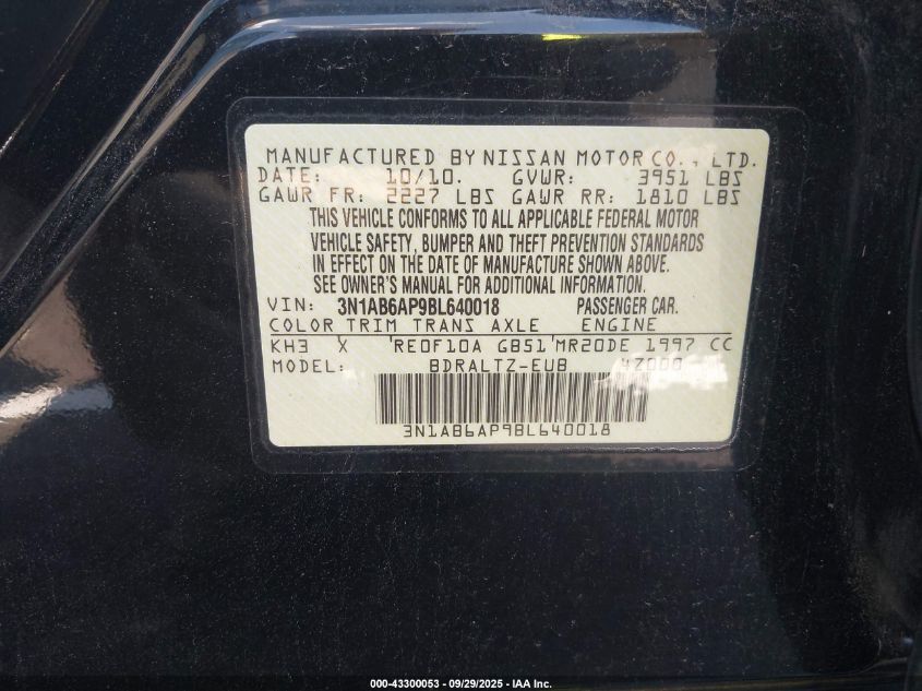 2011 Nissan Sentra 2.0Sr VIN: 3N1AB6AP9BL640018 Lot: 43300053