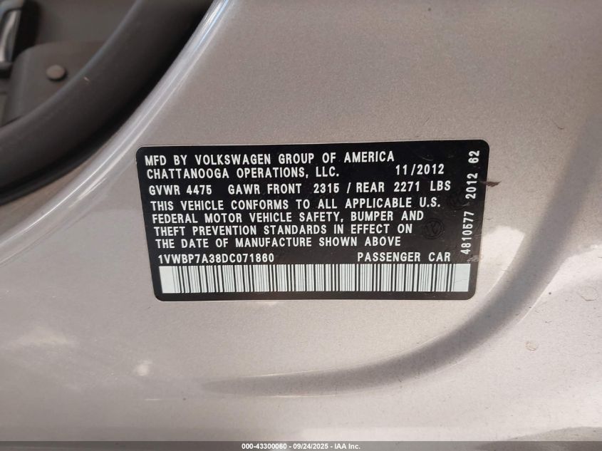 2013 Volkswagen Passat 2.5L Se VIN: 1VWBP7A38DC071860 Lot: 43300060