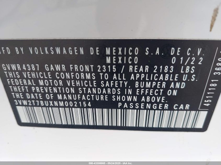 2022 Volkswagen Jetta Gli 2.0T Autobahn VIN: 3VW2T7BUXNM002154 Lot: 43300065