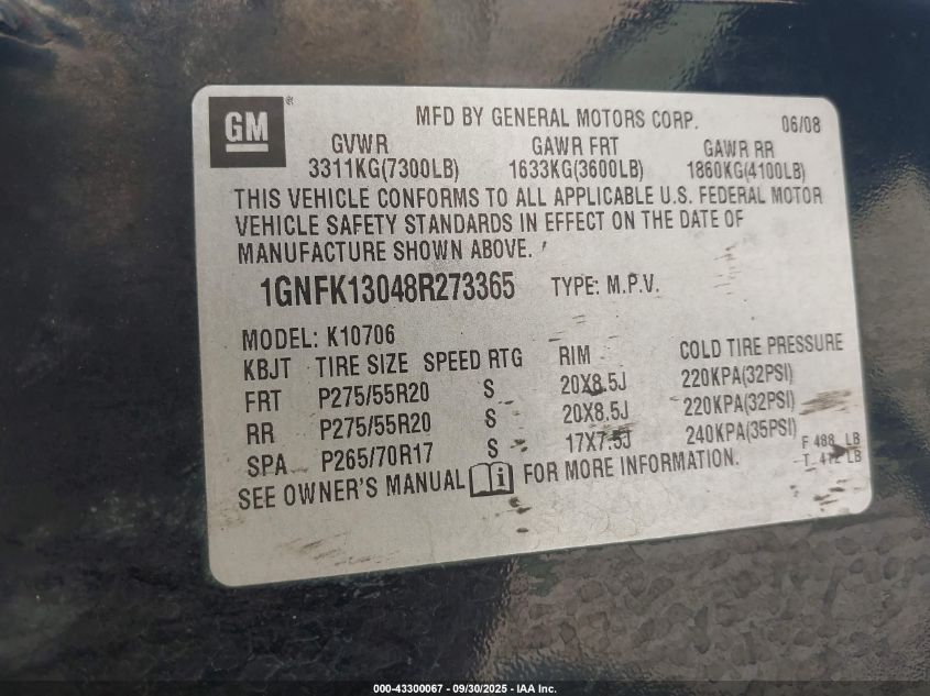 2008 Chevrolet Tahoe Ltz VIN: 1GNFK13048R273365 Lot: 43300067