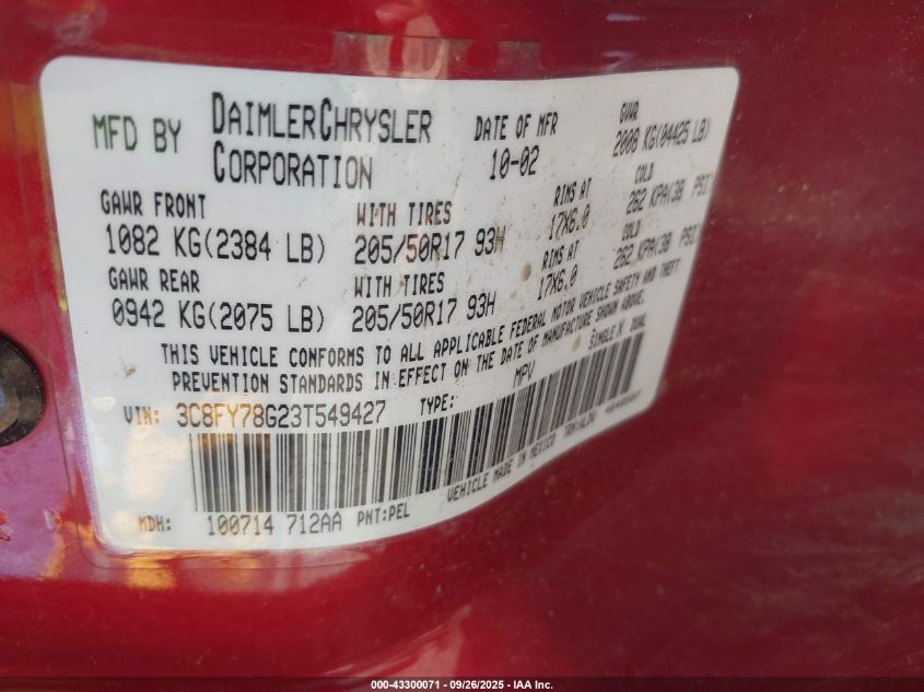 2003 Chrysler Pt Cruiser Gt VIN: 3C8FY78G23T549427 Lot: 43300071