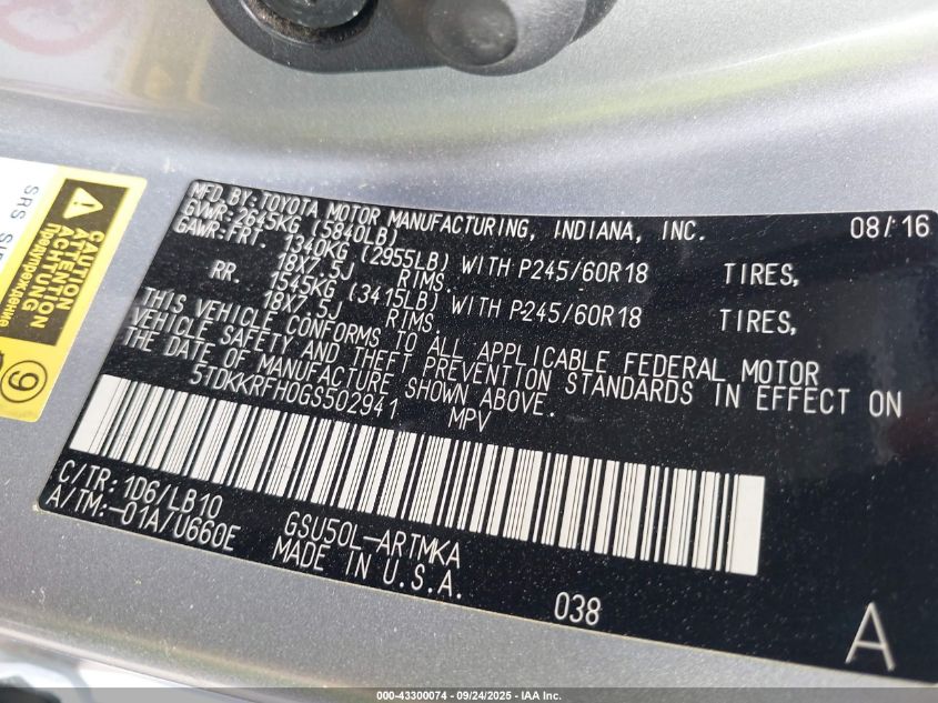 2016 Toyota Highlander Xle V6 VIN: 5TDKKRFH0GS502941 Lot: 43300074