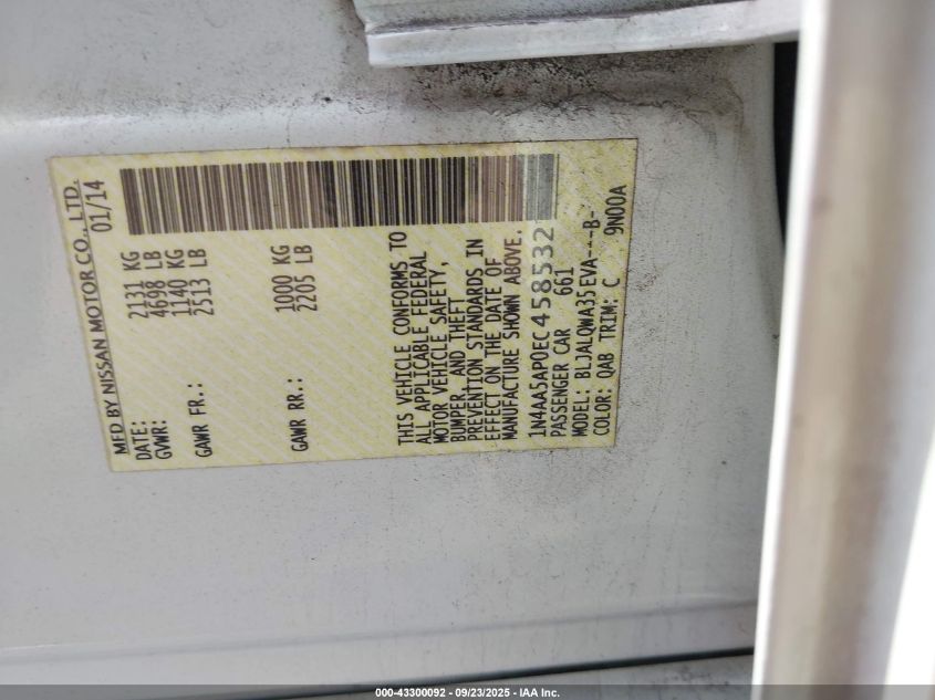 2014 Nissan Maxima 3.5 S/3.5 Sv VIN: 1N4AA5AP0EC458532 Lot: 43300092