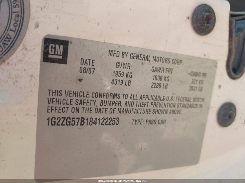 2008 Pontiac G6 VIN: 1G2ZG57B184122253 Lot: 43300096