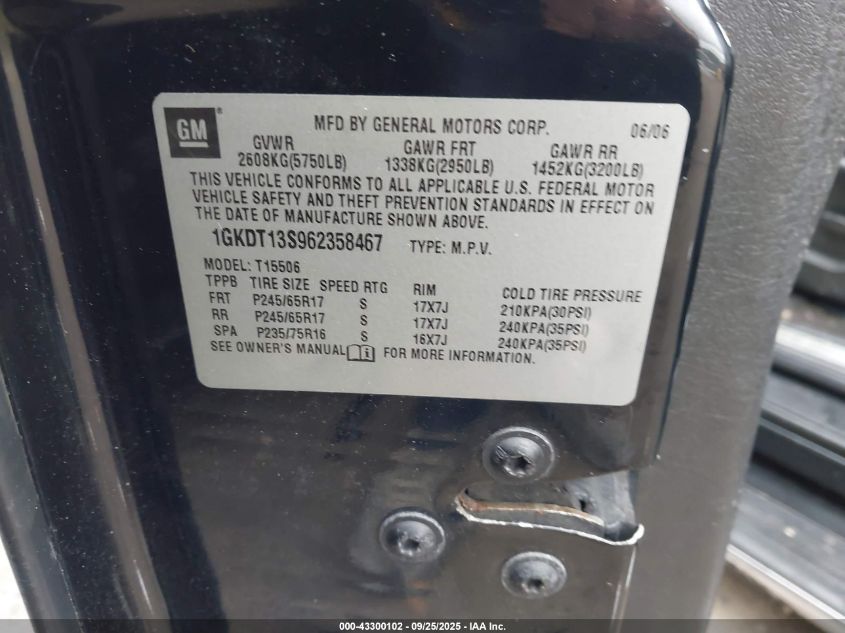 2006 GMC Envoy Sle VIN: 1GKDT13S962358467 Lot: 43300102