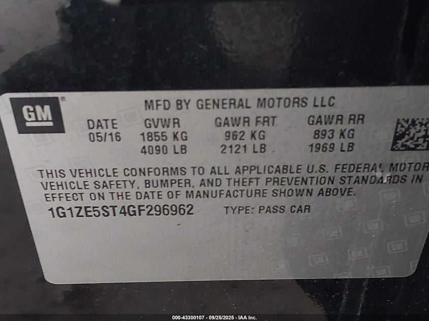 2016 CHEVROLET MALIBU 1LT 1G1ZE5ST4GF296962