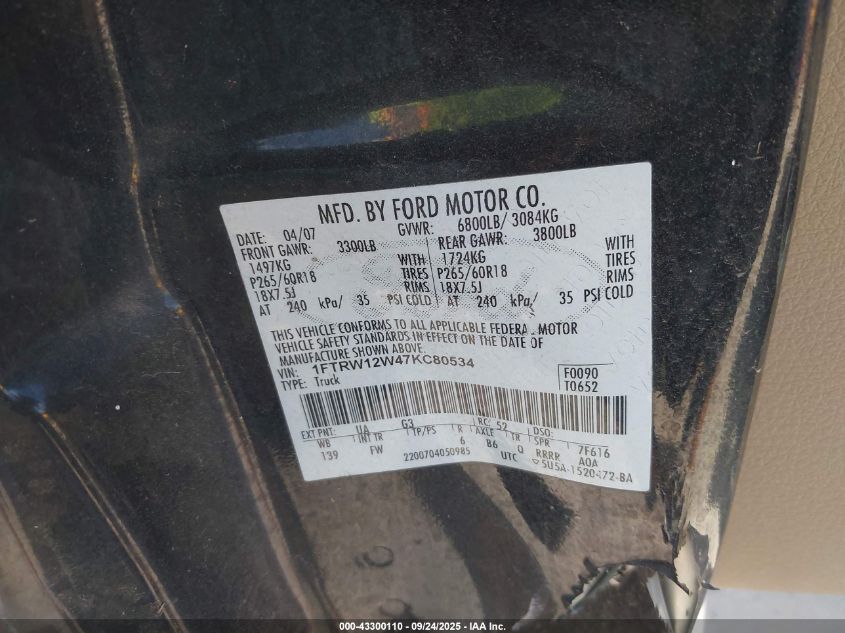 2007 Ford F-150 Xlt VIN: 1FTRW12W47KC80534 Lot: 43300110