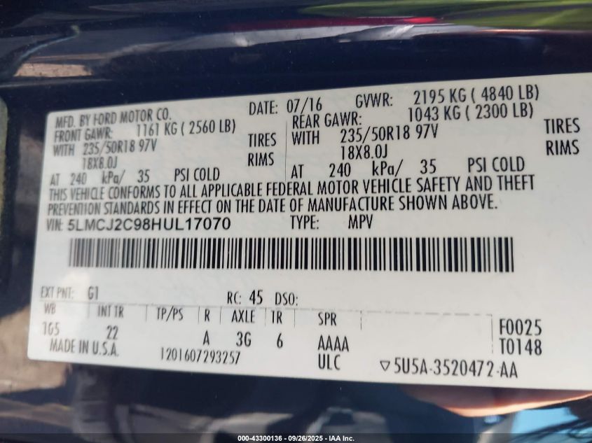 2017 Lincoln Mkc Select VIN: 5LMCJ2C98HUL17070 Lot: 43300136