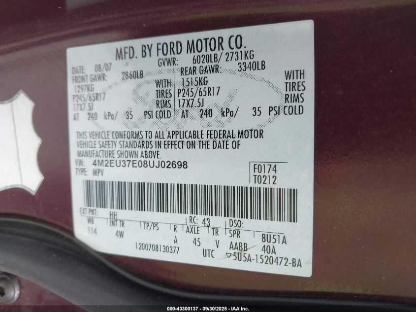 2008 Mercury Mountaineer VIN: 4M2EU37E08UJ02698 Lot: 43300137