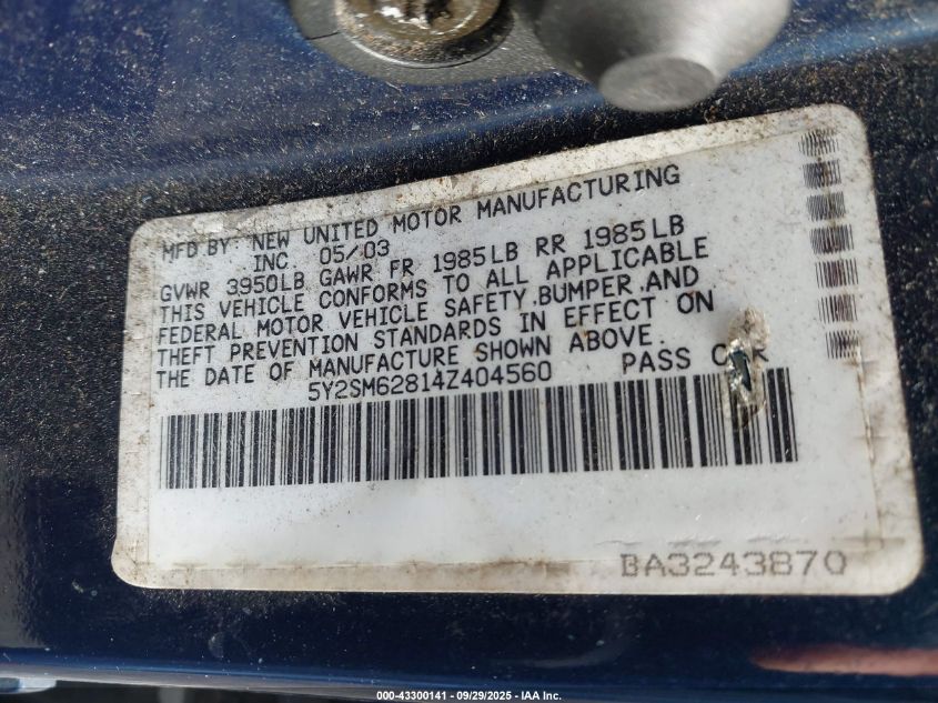 2004 Pontiac Vibe VIN: 5Y2SM62814Z404560 Lot: 43300141