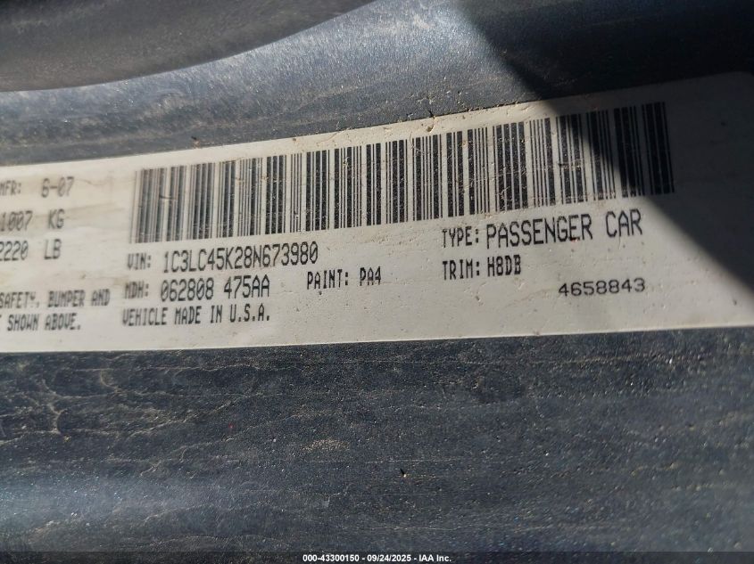 2008 Chrysler Sebring Lx VIN: 1C3LC45K28N673980 Lot: 43300150